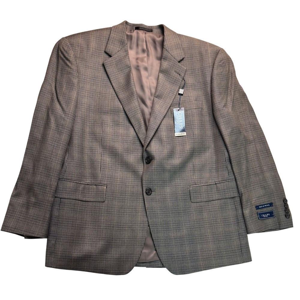 Chaps Mens 44 Short Silk Wool Blend Grey Houndstooth Sport Coat Blazer NWT